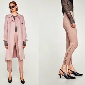 Zara Frilled Faux Suede Leggings Skinny Pants Ruffle Blush Pink S